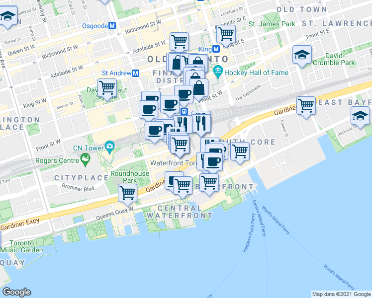 map of restaurants, bars, coffee shops, grocery stores, and more near 55 Bremner Boulevard in Toronto