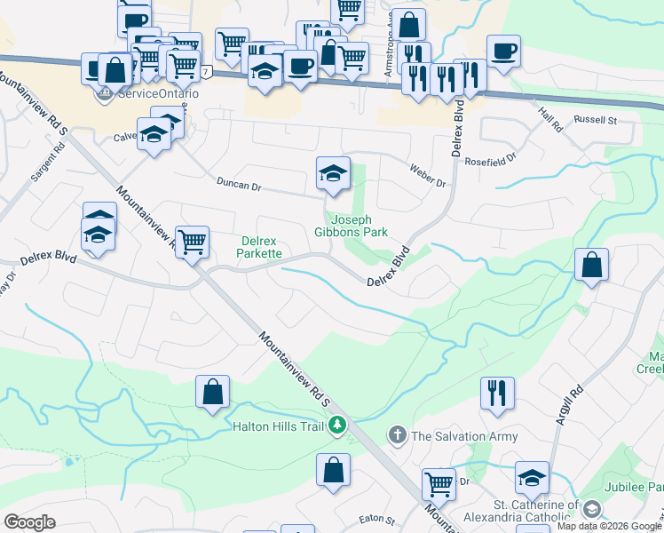 map of restaurants, bars, coffee shops, grocery stores, and more near 352 Delrex Boulevard in Halton Hills