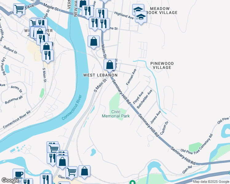 map of restaurants, bars, coffee shops, grocery stores, and more near 20 Seminary Hill in Lebanon