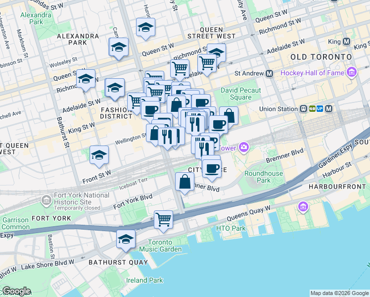 map of restaurants, bars, coffee shops, grocery stores, and more near 373 Front Street West in Toronto