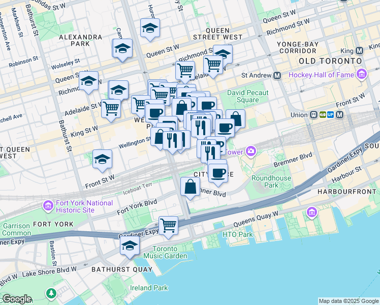 map of restaurants, bars, coffee shops, grocery stores, and more near 373 Front Street West in Toronto