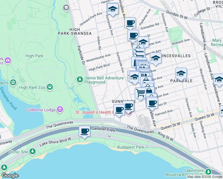 map of restaurants, bars, coffee shops, grocery stores, and more near in Toronto