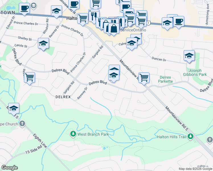 map of restaurants, bars, coffee shops, grocery stores, and more near 59 Stockman Crescent in Halton Hills