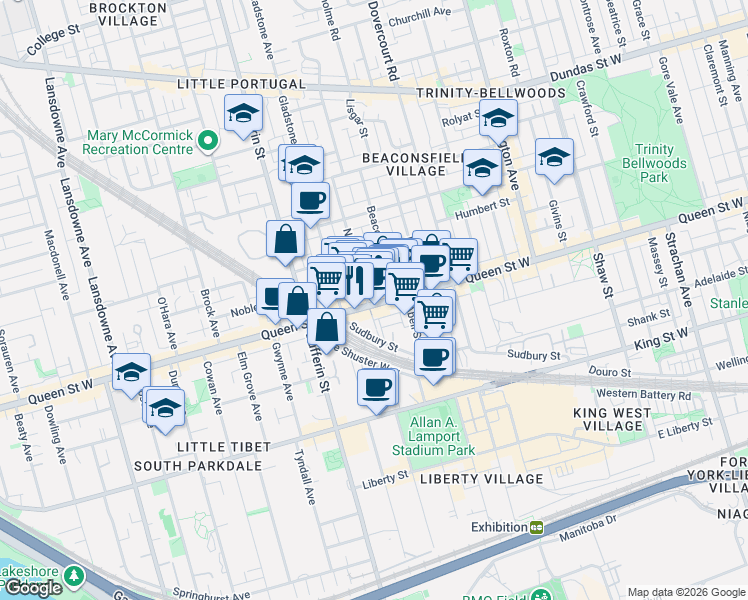 map of restaurants, bars, coffee shops, grocery stores, and more near 1180 Queen Street West in Toronto