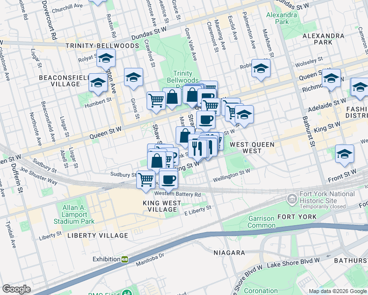 map of restaurants, bars, coffee shops, grocery stores, and more near 889 Adelaide Street West in Toronto