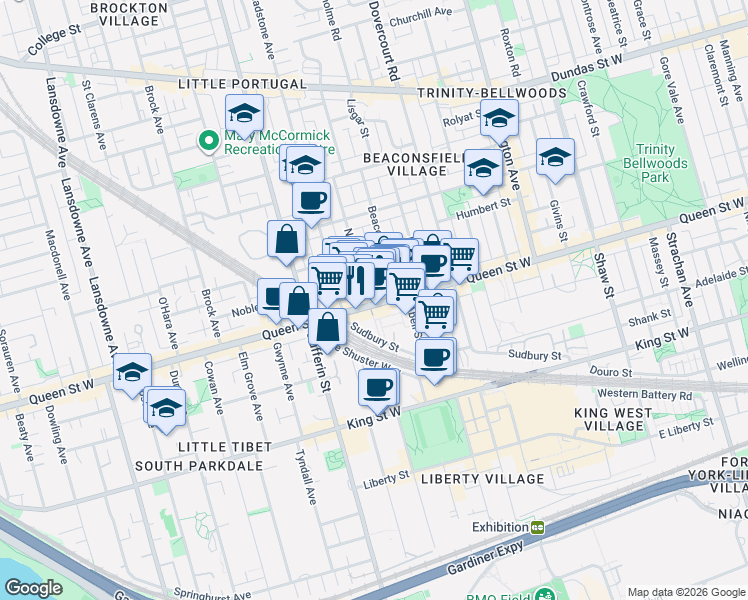 map of restaurants, bars, coffee shops, grocery stores, and more near 1184 Queen Street West in Toronto