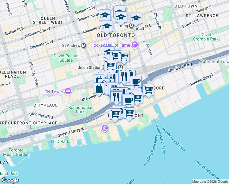 map of restaurants, bars, coffee shops, grocery stores, and more near 80 Queens Wharf Road in Toronto