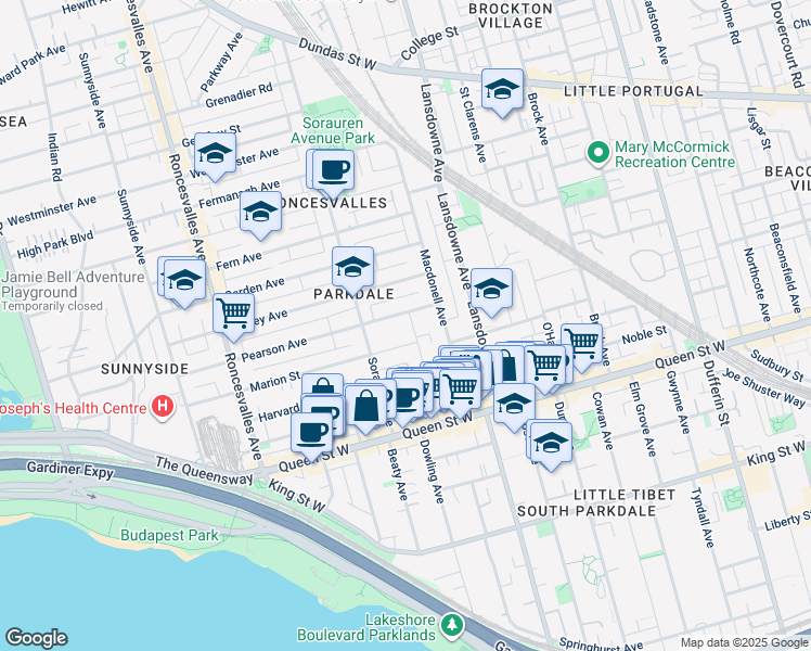 map of restaurants, bars, coffee shops, grocery stores, and more near 96 Fuller Avenue in Toronto