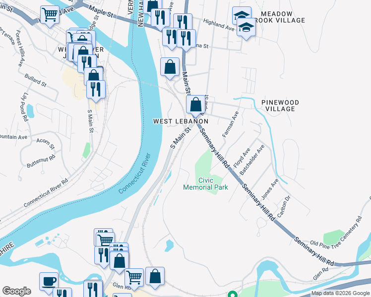 map of restaurants, bars, coffee shops, grocery stores, and more near 21 Elm Street West in Lebanon
