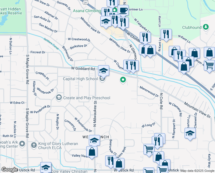 map of restaurants, bars, coffee shops, grocery stores, and more near 8055 Goddard Road in Boise