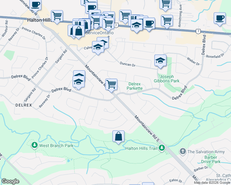 map of restaurants, bars, coffee shops, grocery stores, and more near in Halton Hills