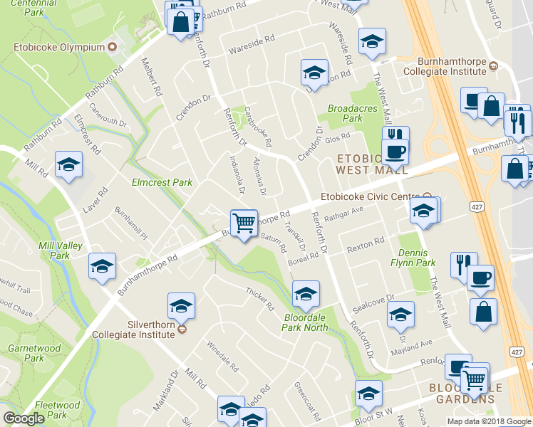map of restaurants, bars, coffee shops, grocery stores, and more near 651 Burnhamthorpe Road in Toronto
