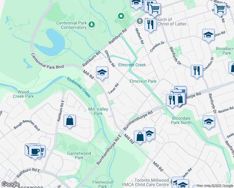 map of restaurants, bars, coffee shops, grocery stores, and more near 45 Burnhamill Place in Toronto