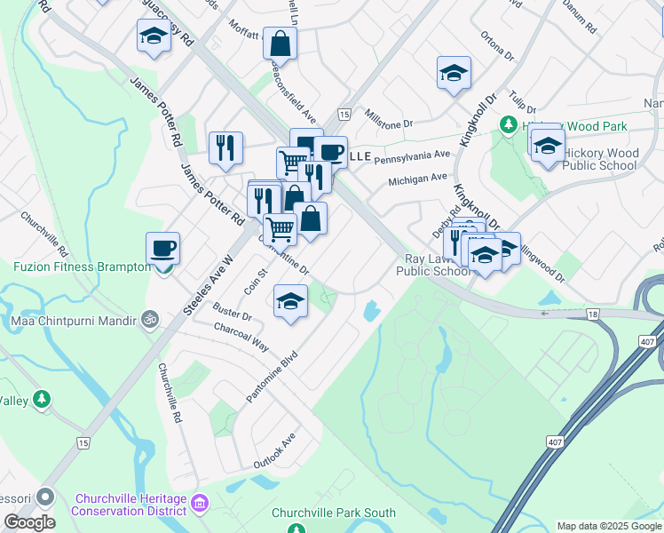map of restaurants, bars, coffee shops, grocery stores, and more near 116 Nathaniel Crescent in Brampton