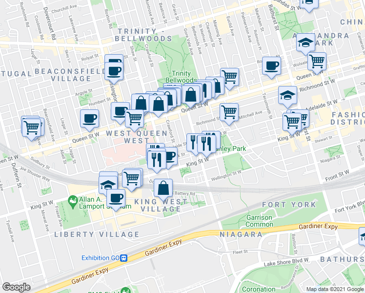 map of restaurants, bars, coffee shops, grocery stores, and more near 889 Adelaide Street West in Toronto