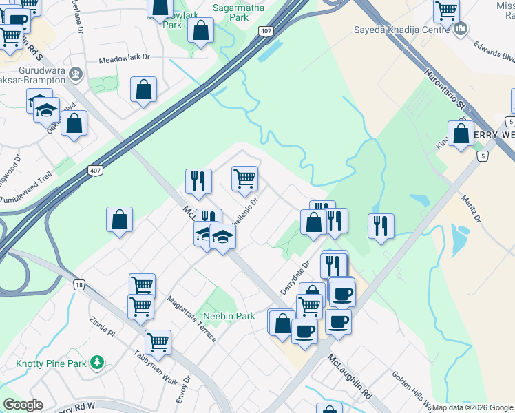 map of restaurants, bars, coffee shops, grocery stores, and more near 425 Comiskey Crescent in Mississauga