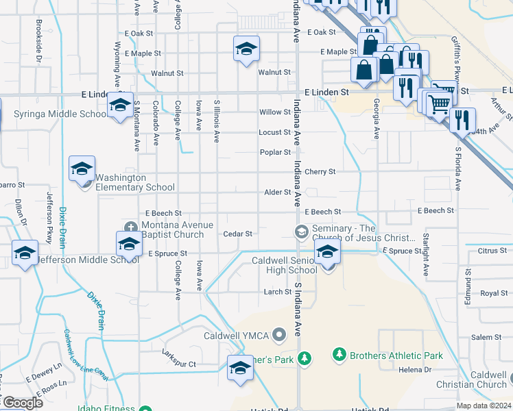map of restaurants, bars, coffee shops, grocery stores, and more near 3016 South Ohio Avenue in Caldwell
