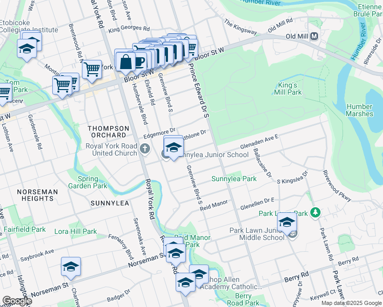 map of restaurants, bars, coffee shops, grocery stores, and more near 25 Glenroy Avenue in Toronto