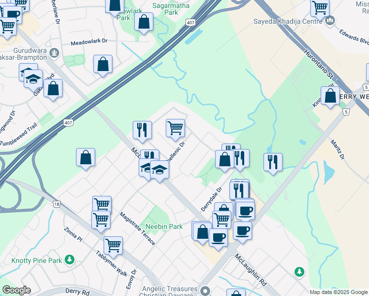 map of restaurants, bars, coffee shops, grocery stores, and more near 342 Panhellenic Drive in Mississauga
