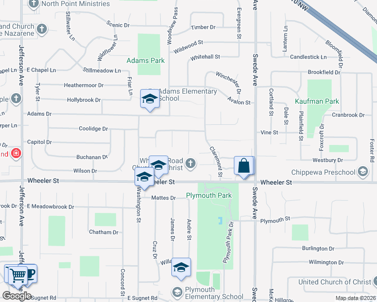 map of restaurants, bars, coffee shops, grocery stores, and more near 5025 Foxpoint Circle in Midland