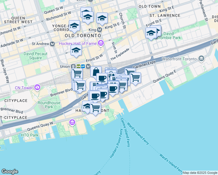 map of restaurants, bars, coffee shops, grocery stores, and more near 33 Bay Street in Toronto