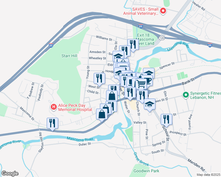 map of restaurants, bars, coffee shops, grocery stores, and more near 6 Bennett Court in Lebanon