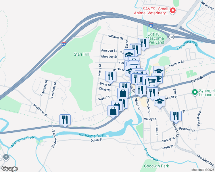 map of restaurants, bars, coffee shops, grocery stores, and more near 5 Child Street in Lebanon