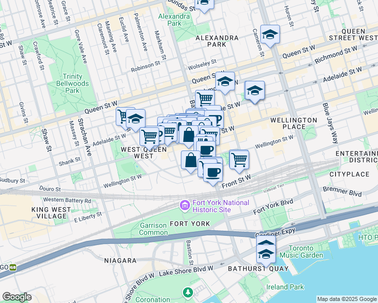 map of restaurants, bars, coffee shops, grocery stores, and more near in Toronto