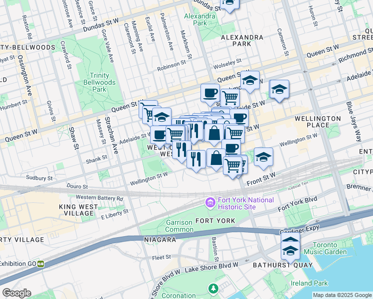 map of restaurants, bars, coffee shops, grocery stores, and more near 660C Wellington Street West in Toronto