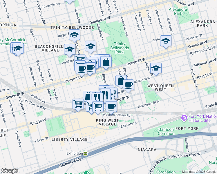 map of restaurants, bars, coffee shops, grocery stores, and more near in Toronto