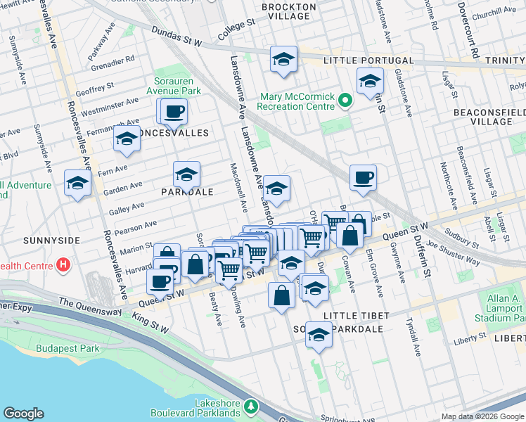 map of restaurants, bars, coffee shops, grocery stores, and more near in Toronto
