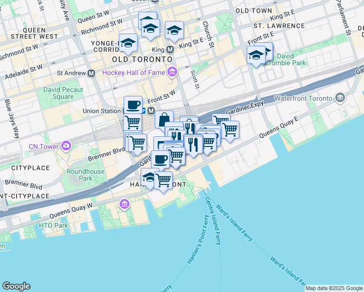 map of restaurants, bars, coffee shops, grocery stores, and more near 16 Harbour Street in Toronto