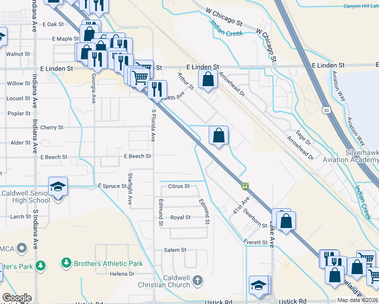 map of restaurants, bars, coffee shops, grocery stores, and more near 416 Canal Street in Caldwell
