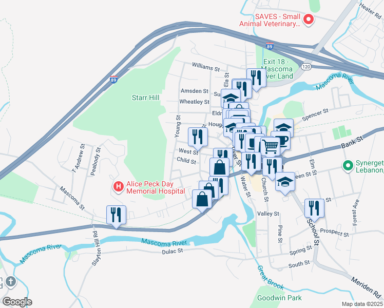 map of restaurants, bars, coffee shops, grocery stores, and more near 5 Child Street in Lebanon
