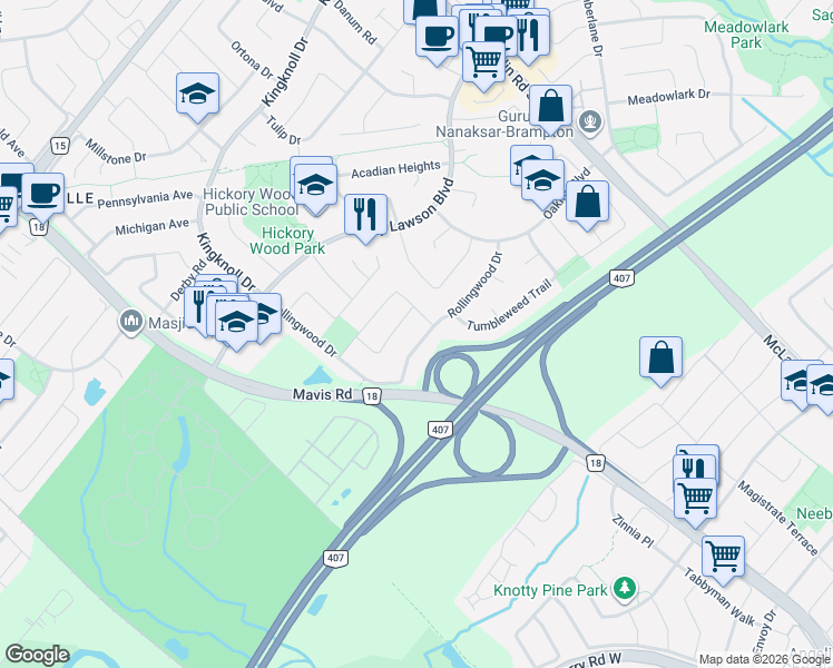map of restaurants, bars, coffee shops, grocery stores, and more near 59 Rollingwood Drive in Brampton