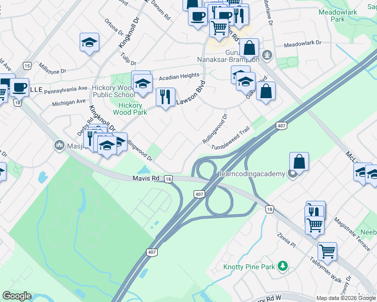 map of restaurants, bars, coffee shops, grocery stores, and more near 59 Rollingwood Drive in Brampton