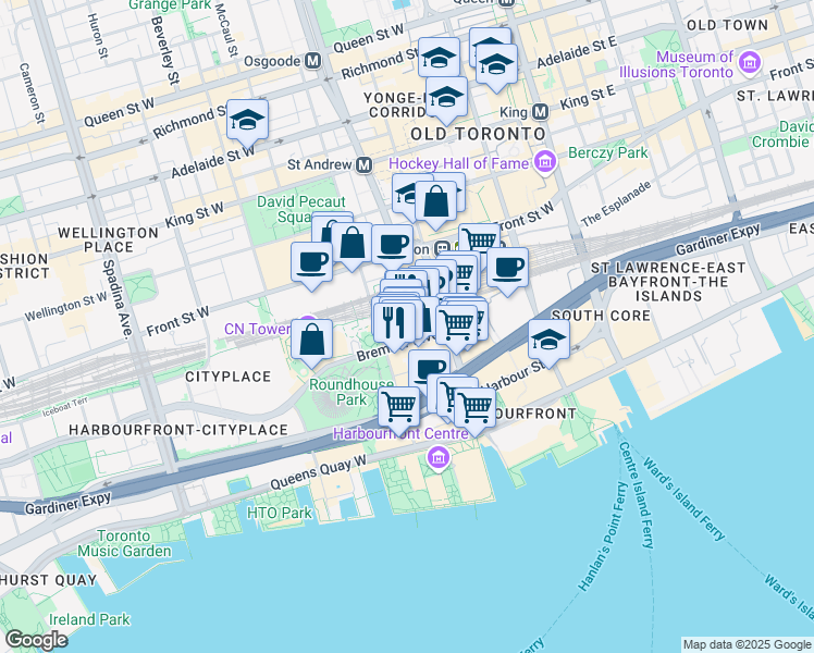 map of restaurants, bars, coffee shops, grocery stores, and more near 120 Bremner Boulevard in Toronto