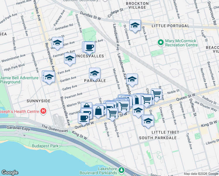 map of restaurants, bars, coffee shops, grocery stores, and more near 98 Fuller Avenue in Toronto
