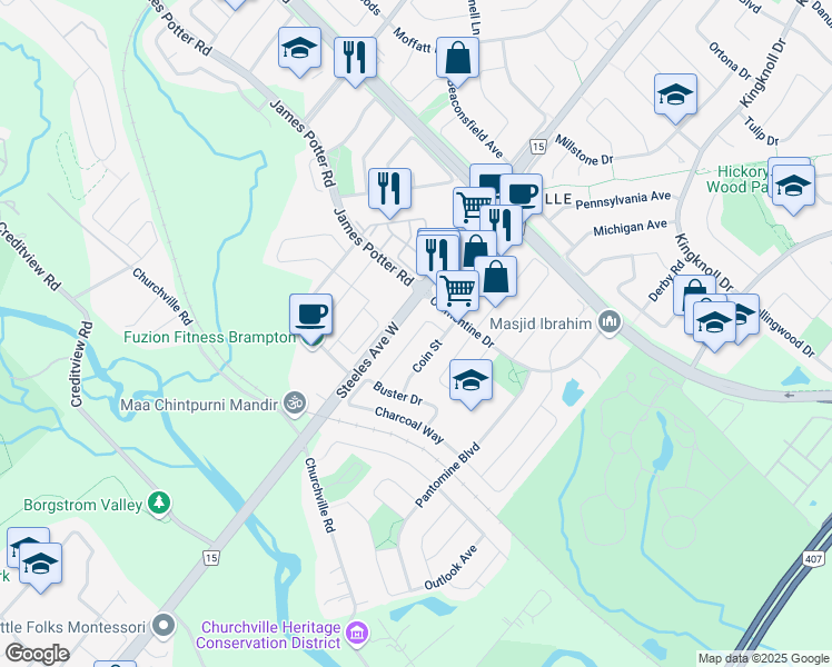 map of restaurants, bars, coffee shops, grocery stores, and more near Grover Road in Brampton