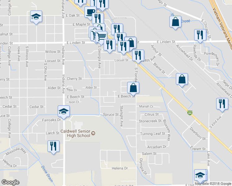 map of restaurants, bars, coffee shops, grocery stores, and more near 3005 Sandstone Avenue in Caldwell