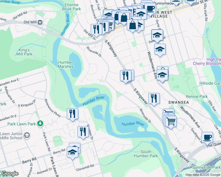 map of restaurants, bars, coffee shops, grocery stores, and more near 246 Riverside Drive in Toronto