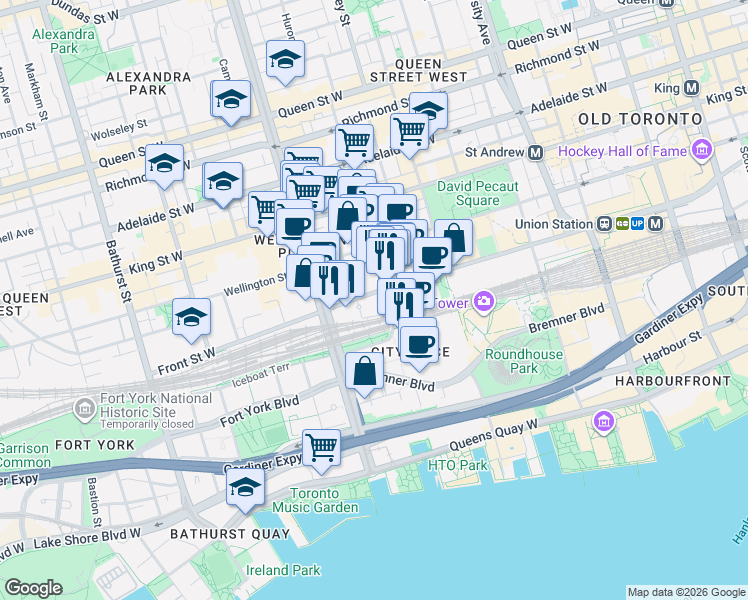 map of restaurants, bars, coffee shops, grocery stores, and more near 361 Front Street West in Toronto