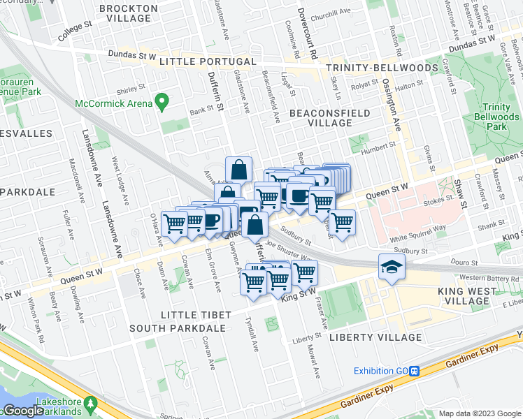 map of restaurants, bars, coffee shops, grocery stores, and more near in Toronto