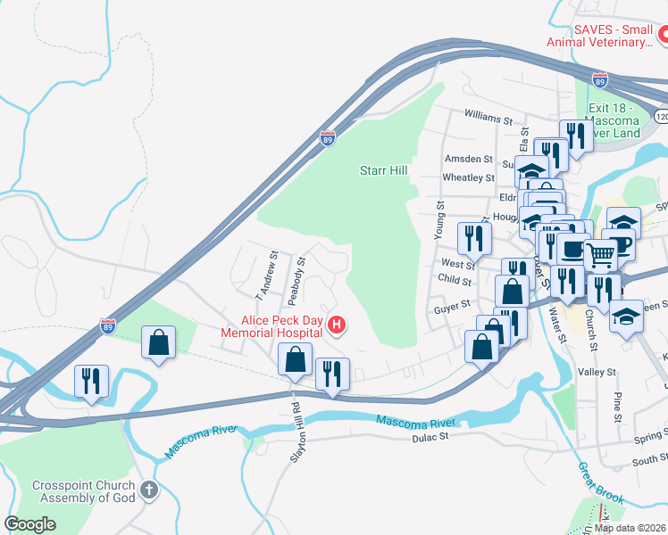 map of restaurants, bars, coffee shops, grocery stores, and more near 23 Alice Peck Day Drive in Lebanon