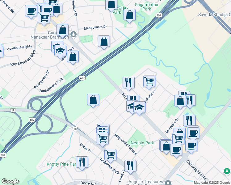 map of restaurants, bars, coffee shops, grocery stores, and more near 515 Rossellini Drive in Mississauga