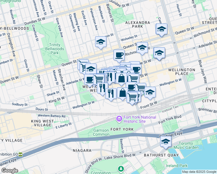 map of restaurants, bars, coffee shops, grocery stores, and more near 775 King Street West in Toronto