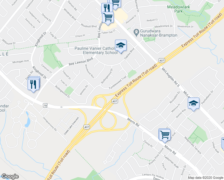 map of restaurants, bars, coffee shops, grocery stores, and more near 110 Tumbleweed Trail in Brampton