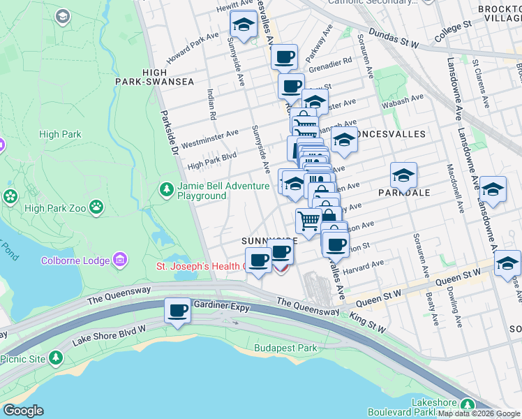 map of restaurants, bars, coffee shops, grocery stores, and more near 127 Glendale Avenue in Toronto
