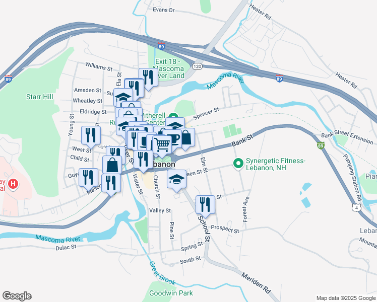 map of restaurants, bars, coffee shops, grocery stores, and more near 11 Bank Street in Lebanon