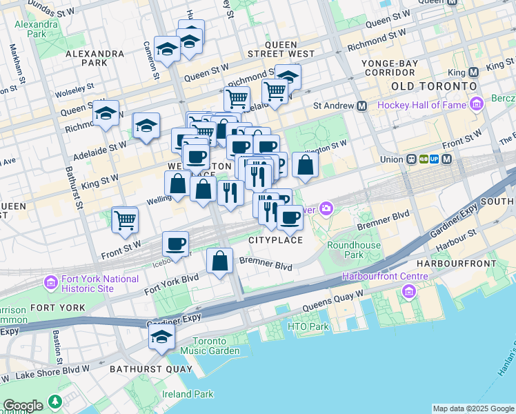 map of restaurants, bars, coffee shops, grocery stores, and more near in Toronto